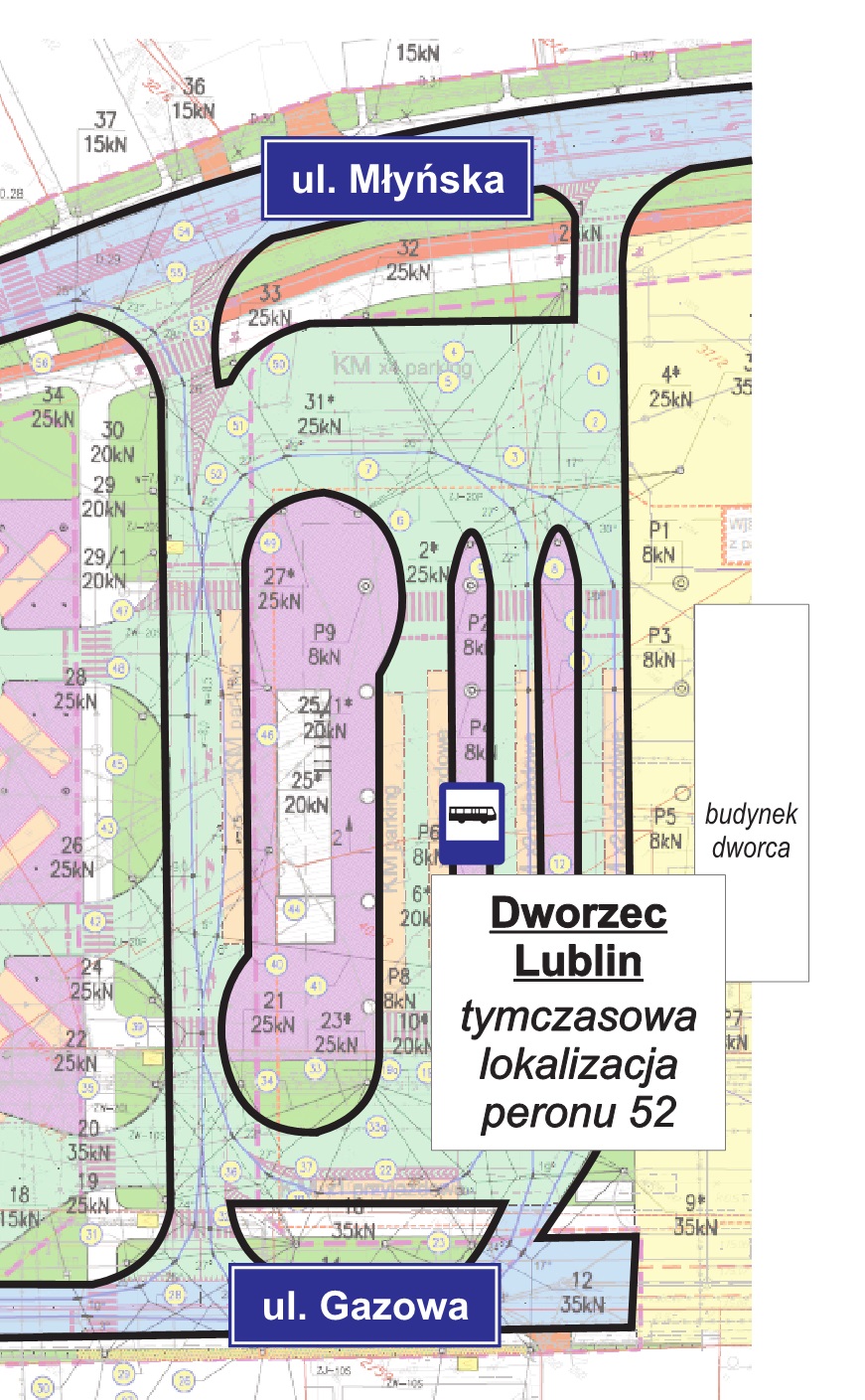 Schemat z tymczasową lokalizacją przystanku Dworzec Lublin 52